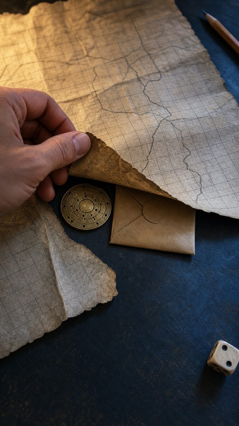 A traveler reveals a Rune Scribe clue over a map at dusk