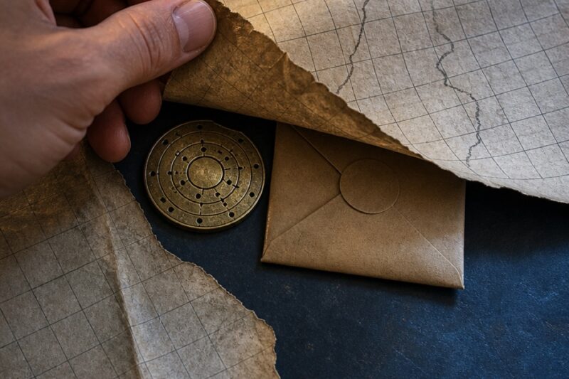 A traveler reveals a Rune Scribe clue over a map at dusk