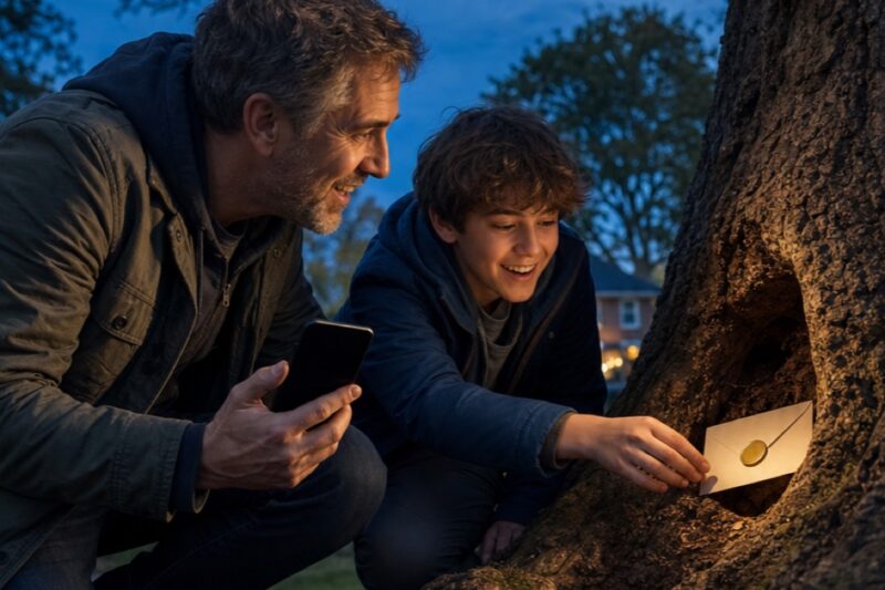 Friends follow a Rune Scribe clue during an outdoor scavenger hunt