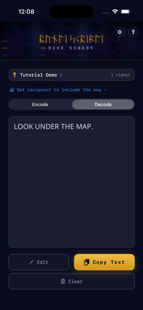 Rune Scribe screen showing runes revealed as the original message