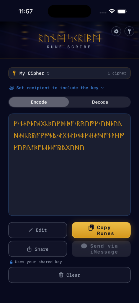 Rune Scribe screen showing an encrypted message rendered as runes