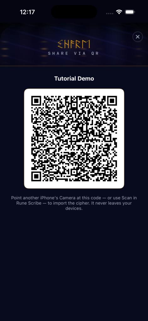 Rune Scribe screen showing a public demonstration cipher QR code