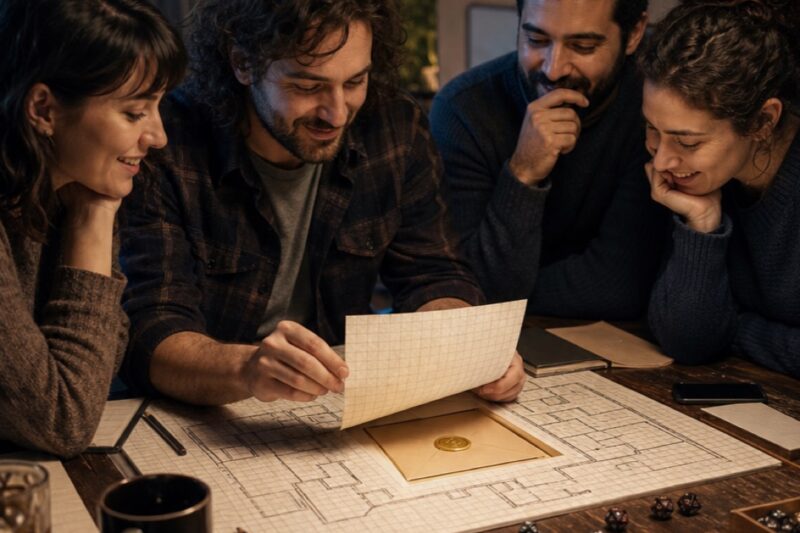 Tabletop players discover a runic message beside maps and dice