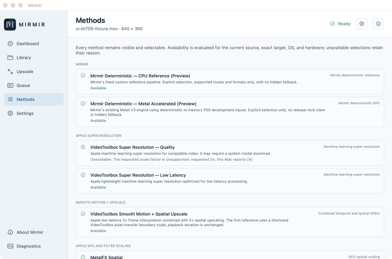 Mirmir Methods screen listing processing choices and source-specific availability reasons