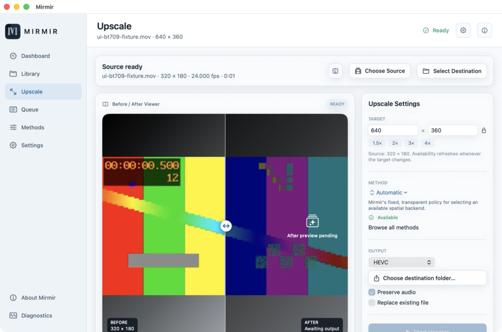 Mirmir upscale workspace with a draggable before-and-after split viewer