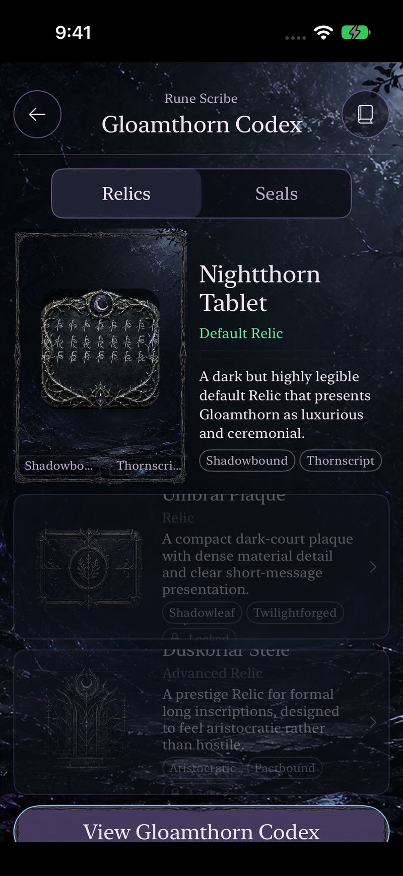 Gloamthorn Codex screen with the Nightthorn Tablet, the default Relic