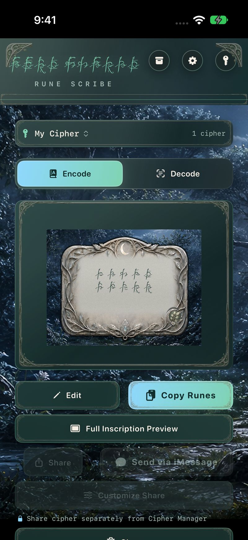 Rune Scribe encode screen in the Moonleaf Codex, with a silver leaf tablet