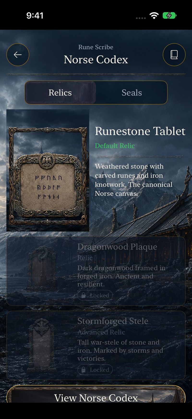 Norse Codex screen with the Runestone Tablet, the included default Relic