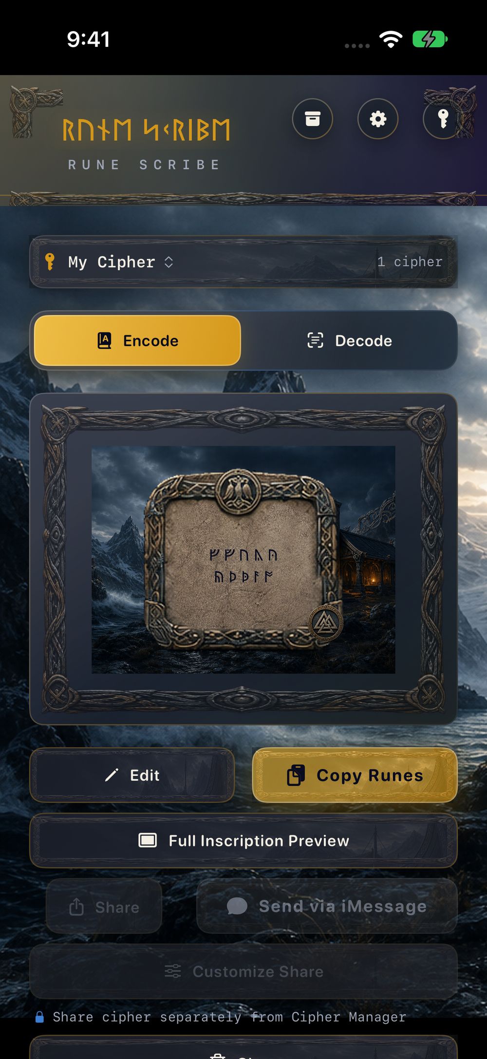 Rune Scribe on iPhone, with an encoded message set on the Norse Runestone Tablet