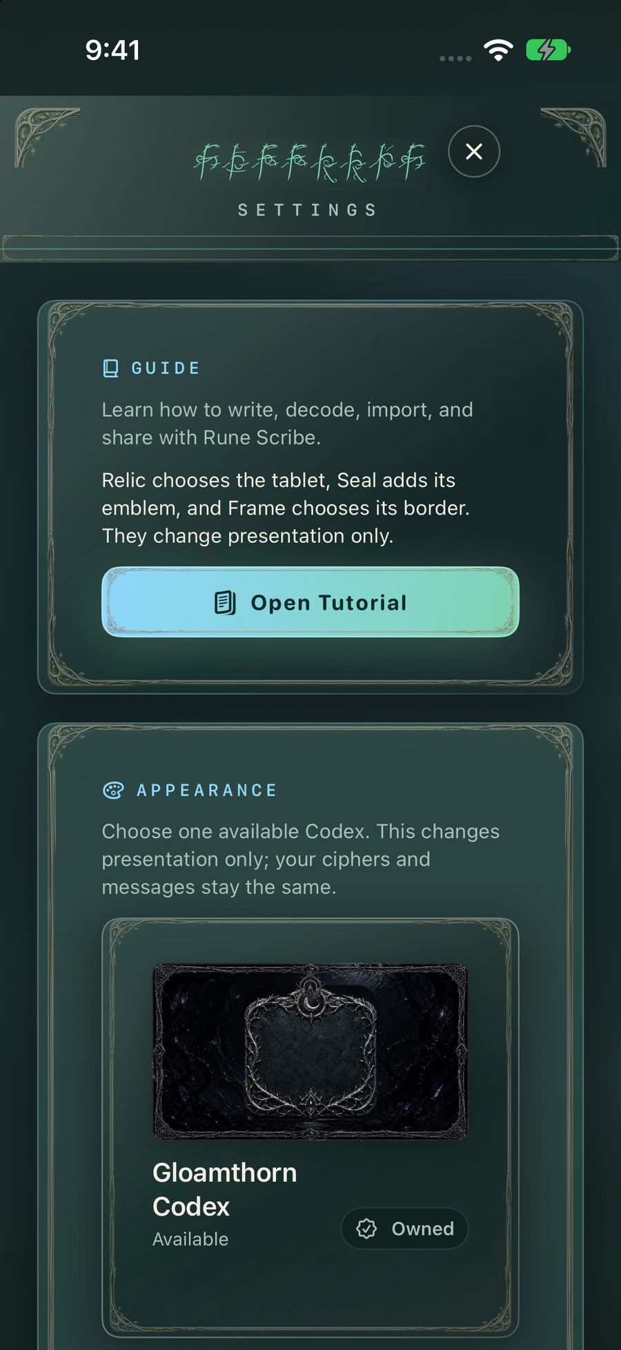 Rune Scribe settings, with the guide and the Gloamthorn Codex marked owned