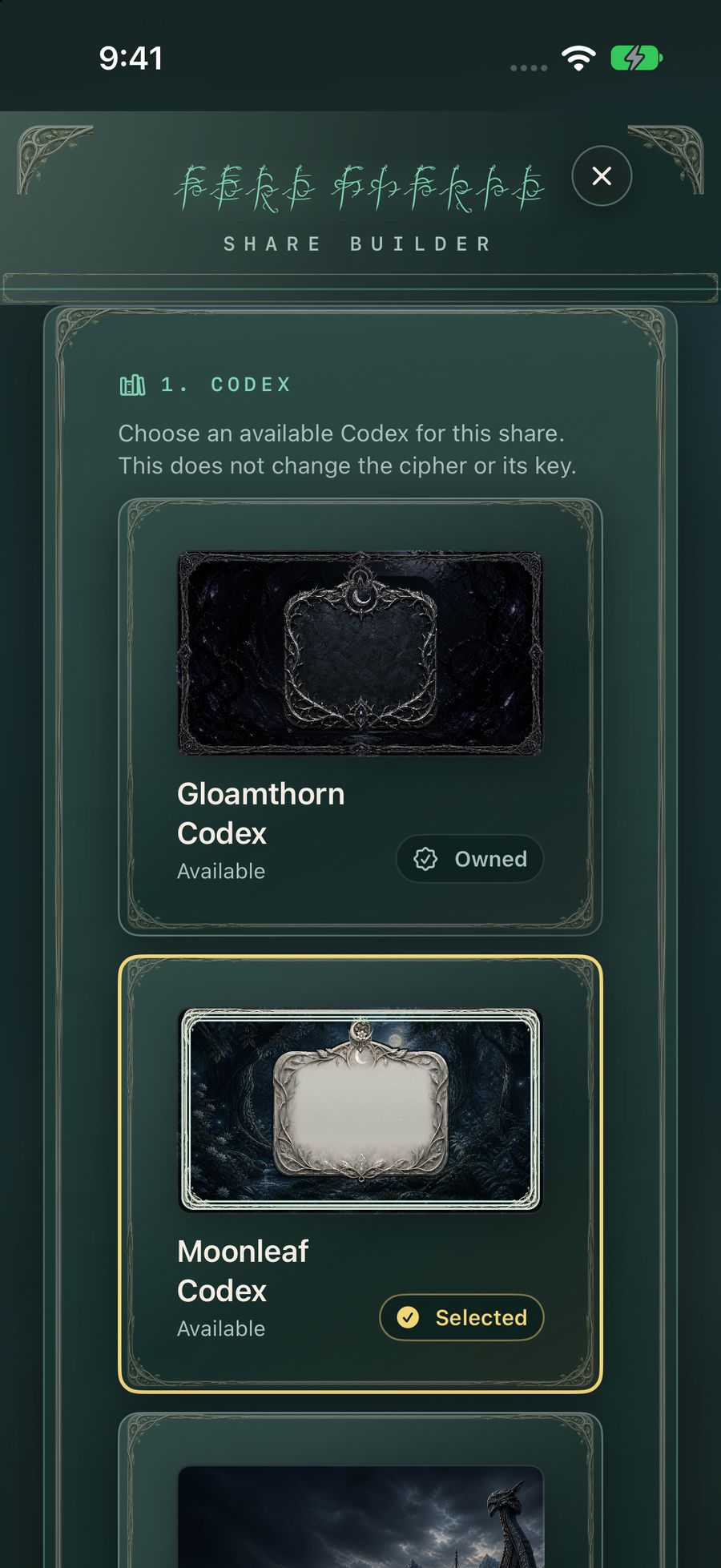Share Builder with the Moonleaf Codex selected for this share