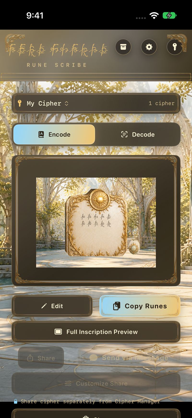 The Rune Scribe encode screen in the Sunspire Codex, with Copy Runes ready beneath a sun-crowned tablet