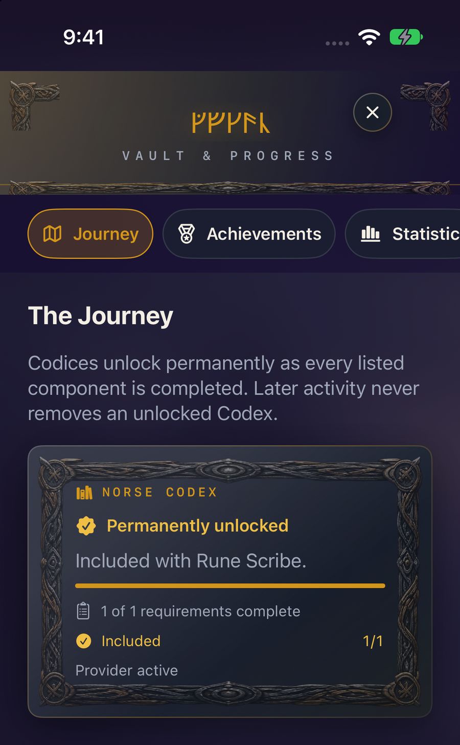 Vault and Progress showing the Norse Codex permanently unlocked and included with Rune Scribe