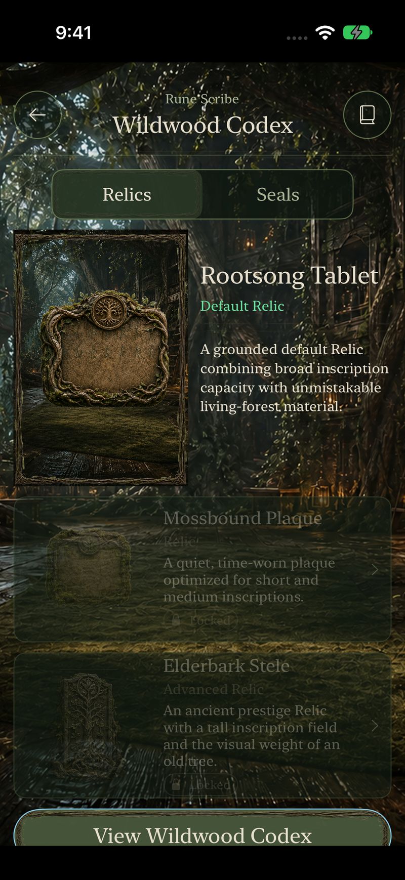 Wildwood Codex screen with the Rootsong Tablet, a living-wood Relic